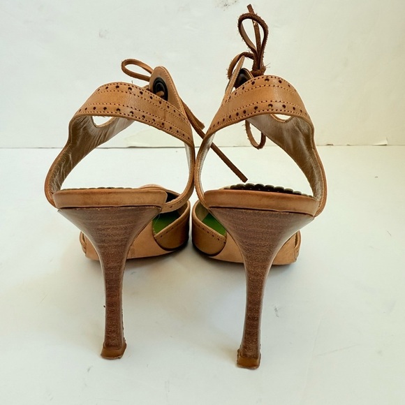 Manolo Blahnik retro Camel Brown leather Ankle tie pumps perforated toe EU 36.5 - Picture 5 of 9